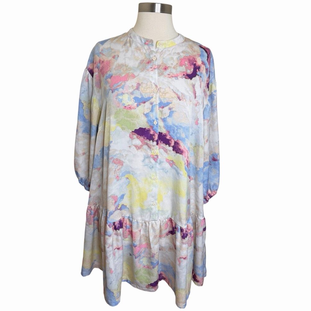 ICHI Cloudy Pastel Abstract Watercolor Button Front Ruffle Hem Mini Dress Sz 38